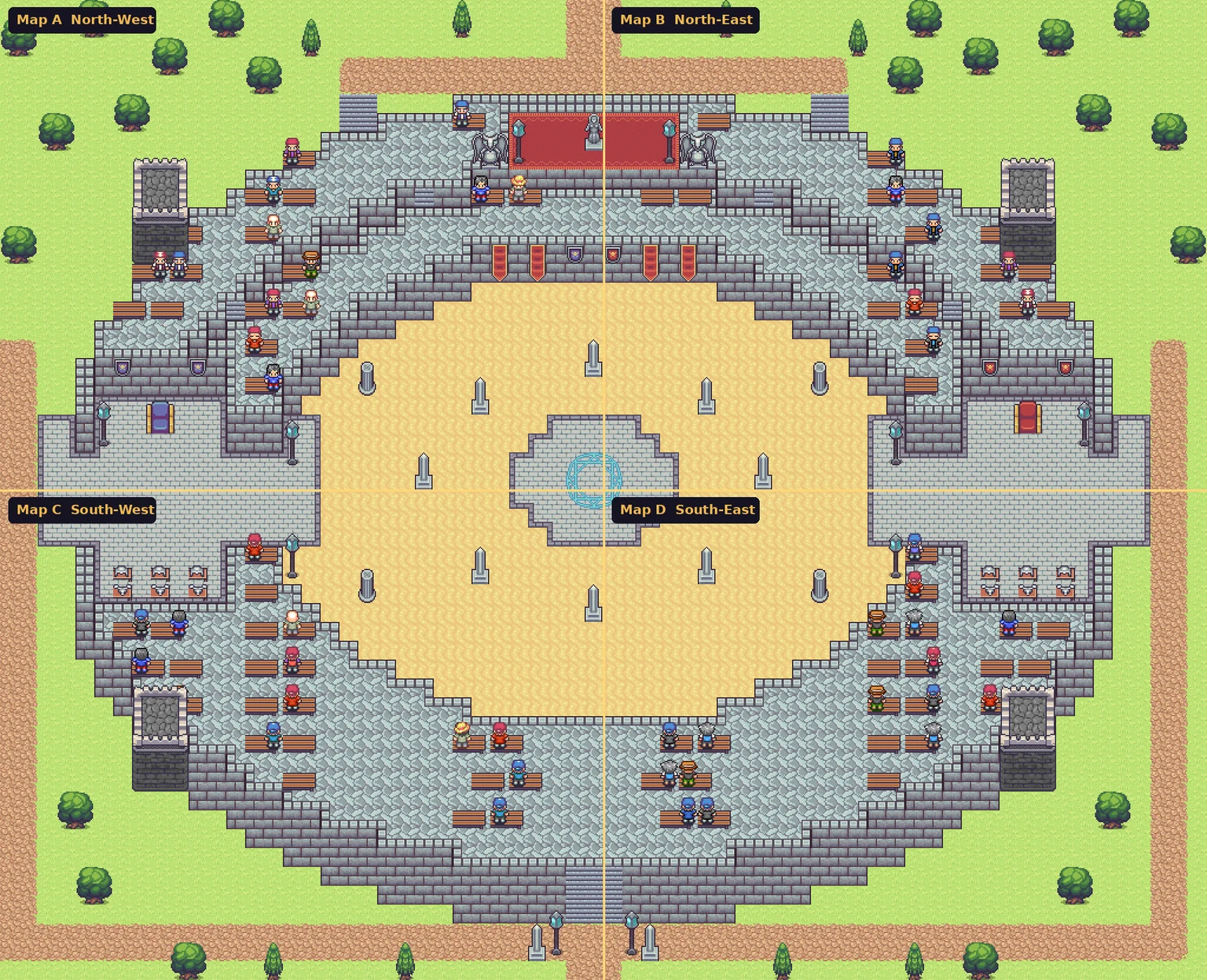 Overview of the Warden's Ring, four maps joined, with the crowd in the stands