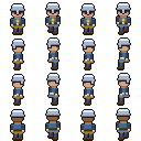 The Warden sprite sheet, four walk frames by four directions